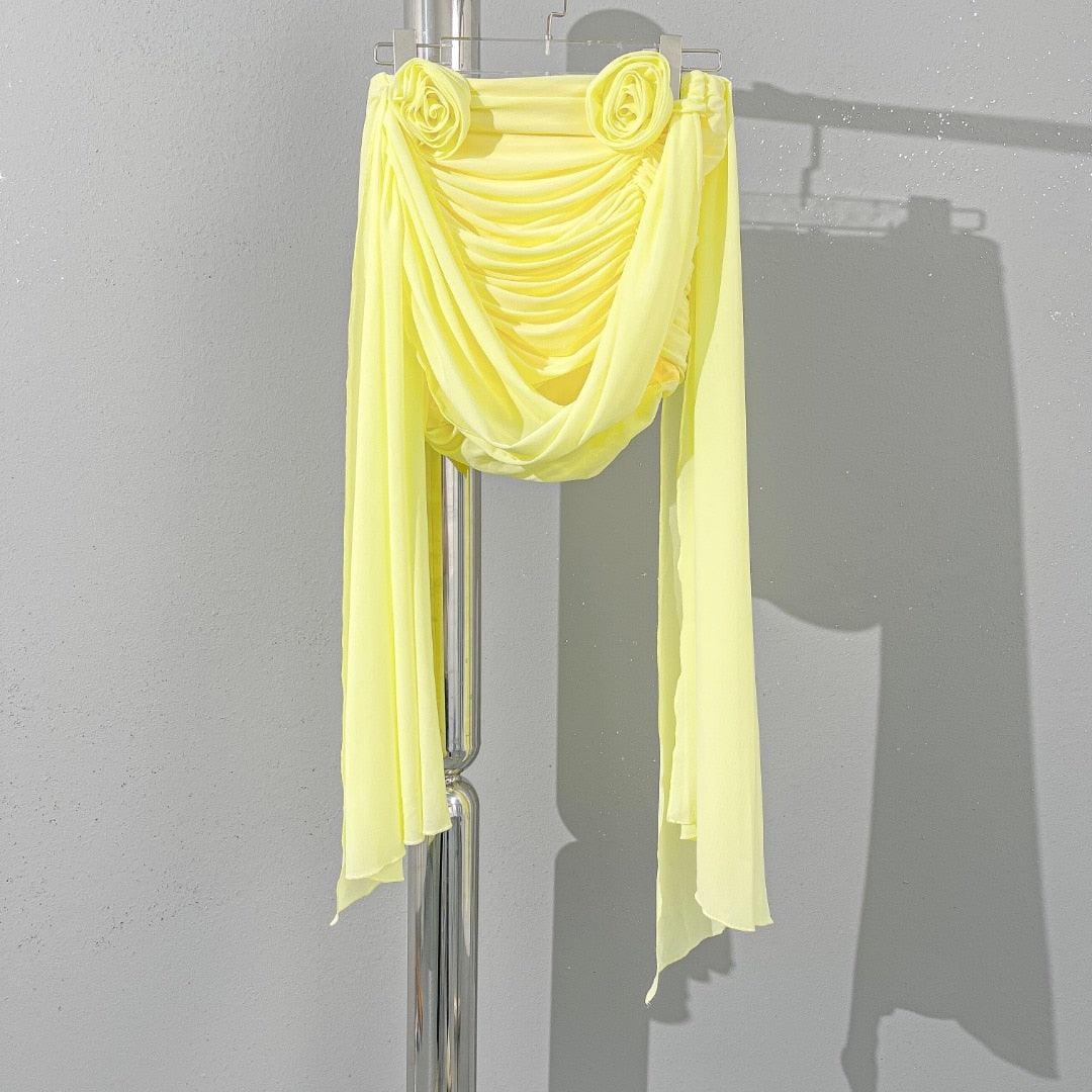 Romantic 3D rose pleated tank top fashionable and sexy y2k single side slim waist short section Top women 2024 summer new Yellow