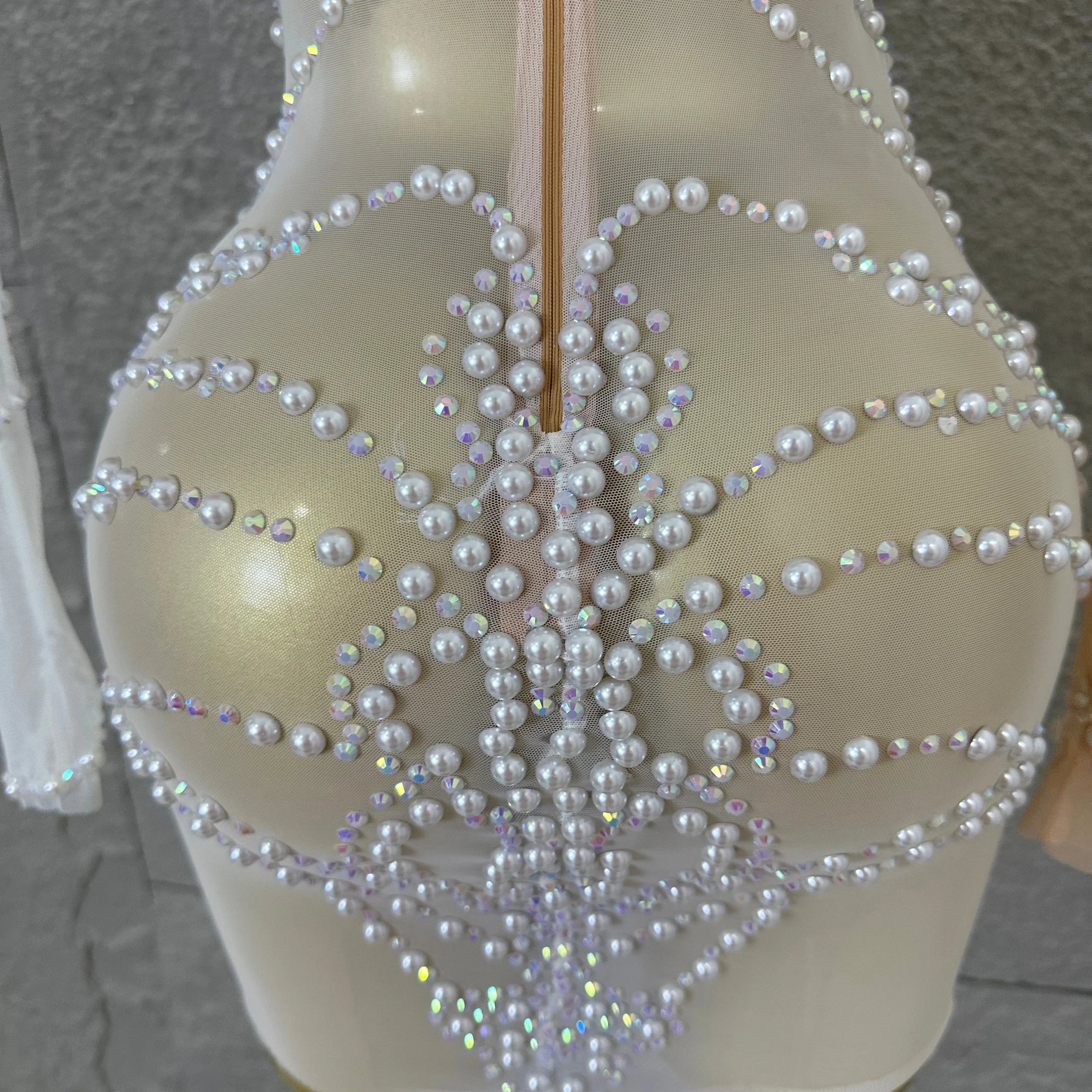 Luxurious Nude Sheer Mesh Mini Dress Women One-Shoulder Pearl Beaded Ruffle Tulle Bodycon Evening Costume