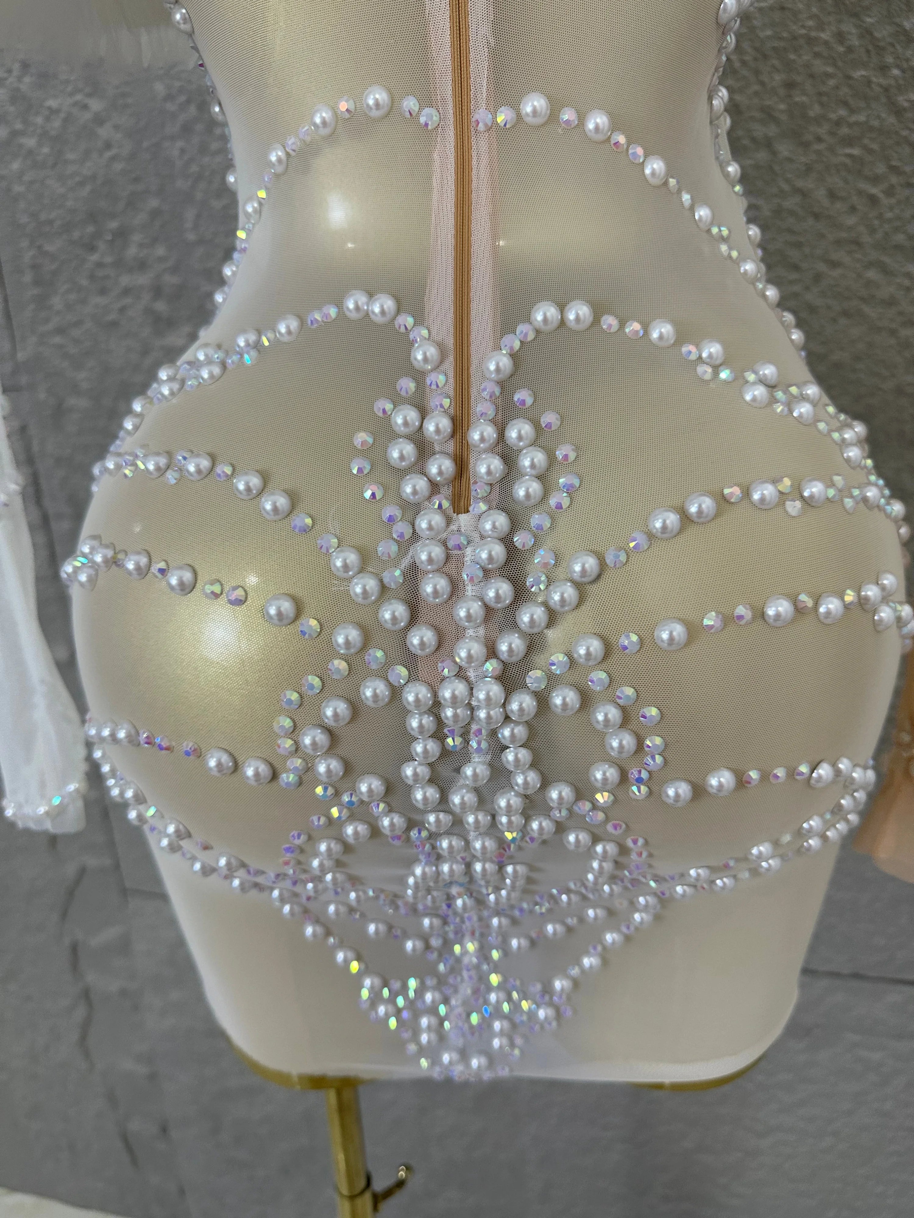 Luxurious Nude Sheer Mesh Mini Dress Women One-Shoulder Pearl Beaded Ruffle Tulle Bodycon Evening Costume