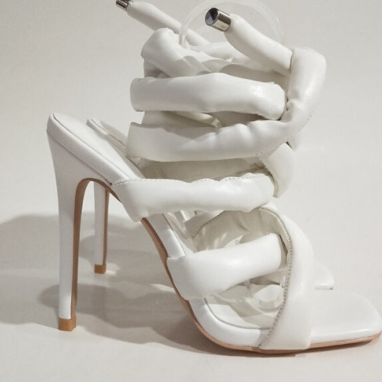 Summer New Square Head Slim High Heel Sandals Wrapped Around The Feet Fashion Show Dress 43 Large Women's Sandals White