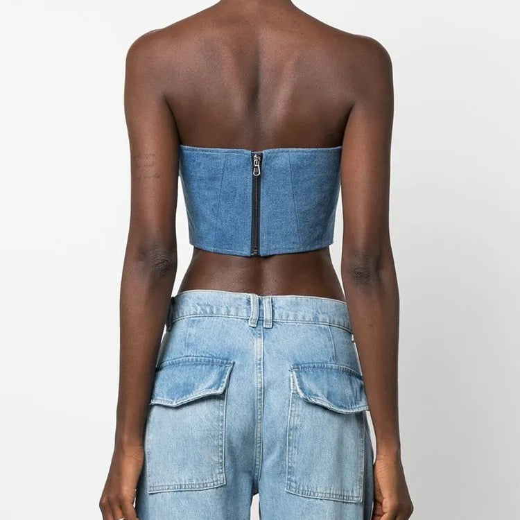 Denim Irregular Vests For Women Slash Neck Sleeveless Patchwork Appliques Slimming Vintage Vest Female Fashion 2023