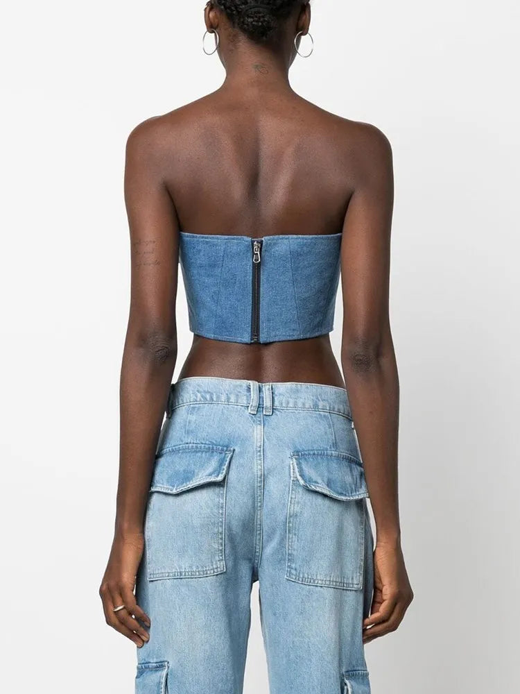 Denim Irregular Vests For Women Slash Neck Sleeveless Patchwork Appliques Slimming Vintage Vest Female Fashion 2023