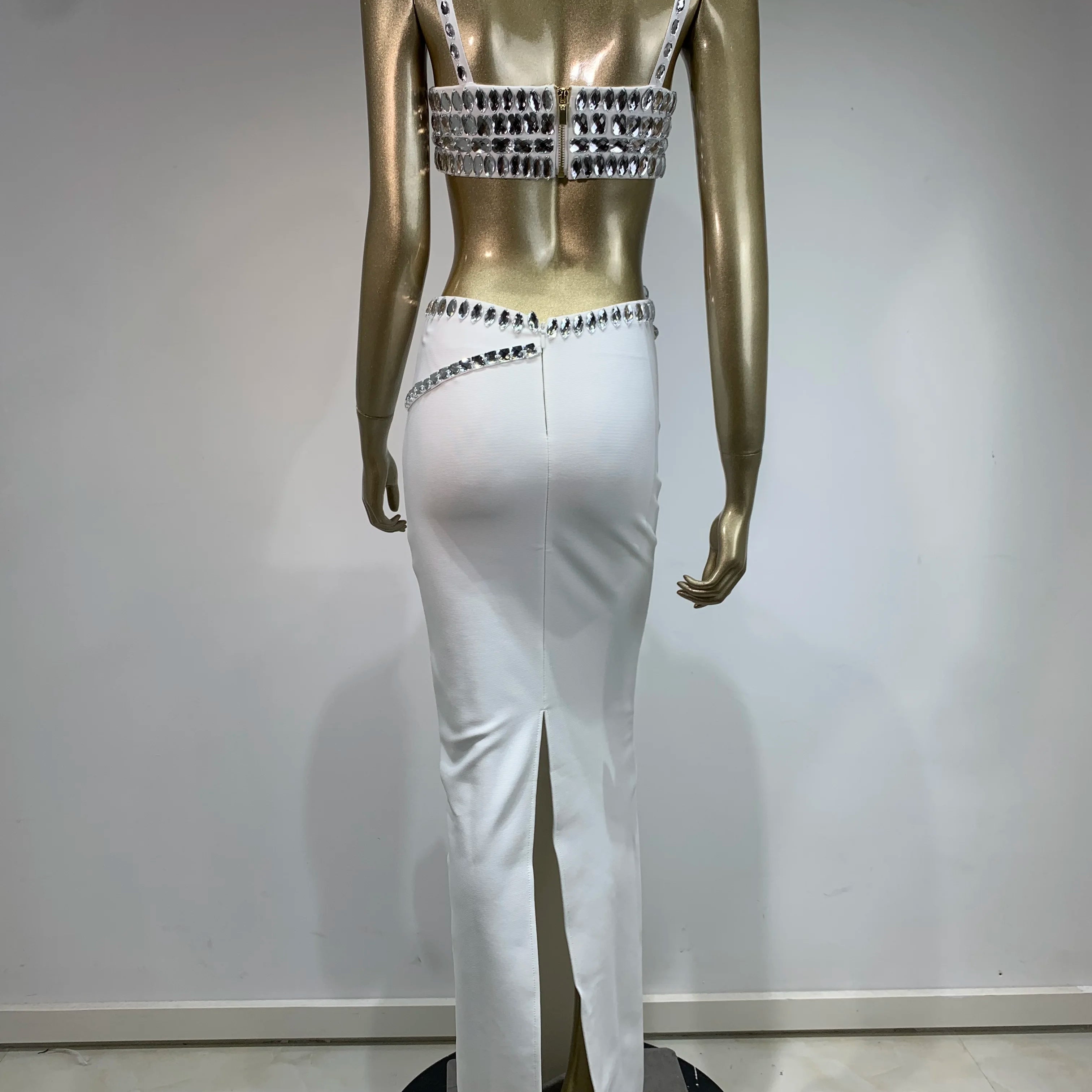 New Women Summer Celebrity Sexy Beading Split Maxi Long White Bandage Skirt Set 2024 Knitted Elegant Evening Club Party Clothing