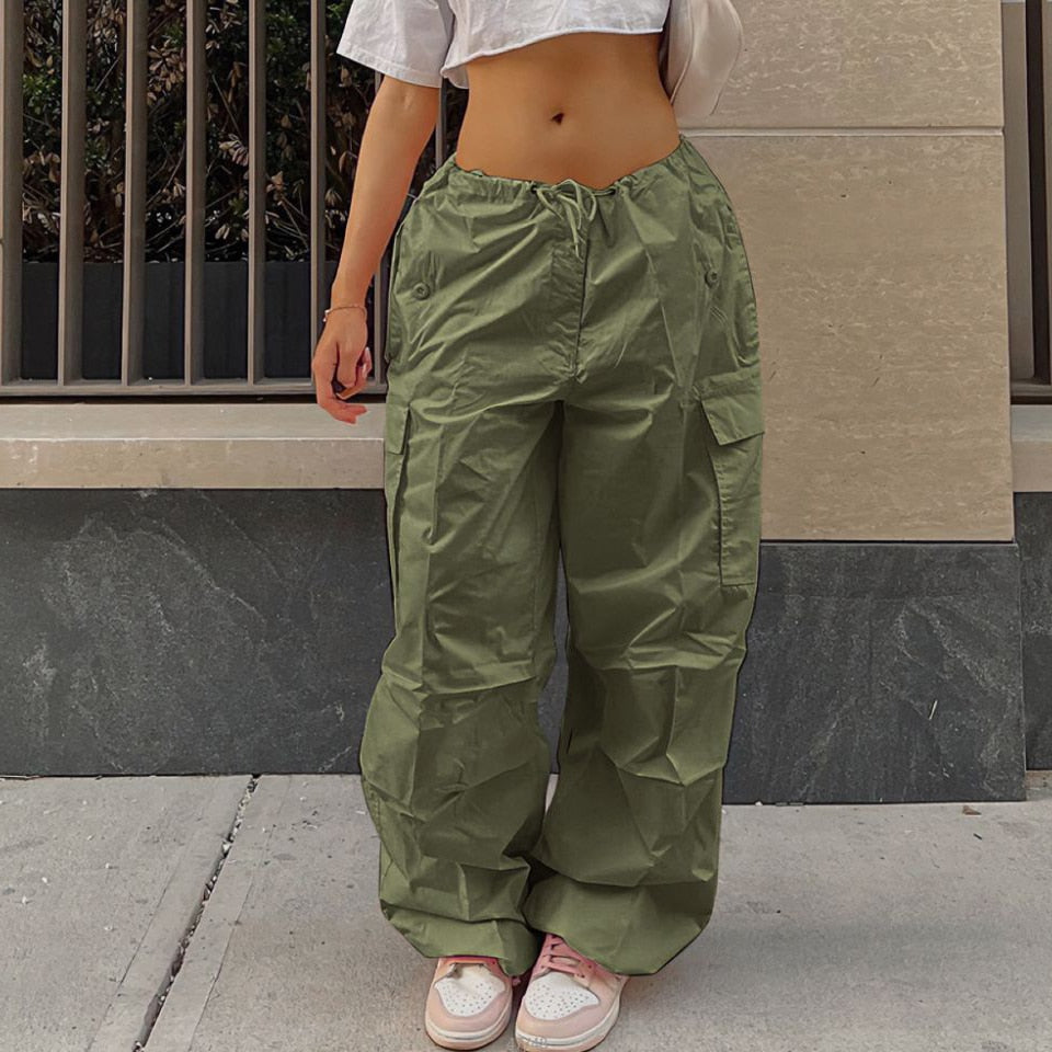 Y2K Clothing Oversized Plus Size Low Waist Parachute Loose Baggy Sweatpants Trousers Women Jogger Cargo Pants Streetwear Outfits Army Green
