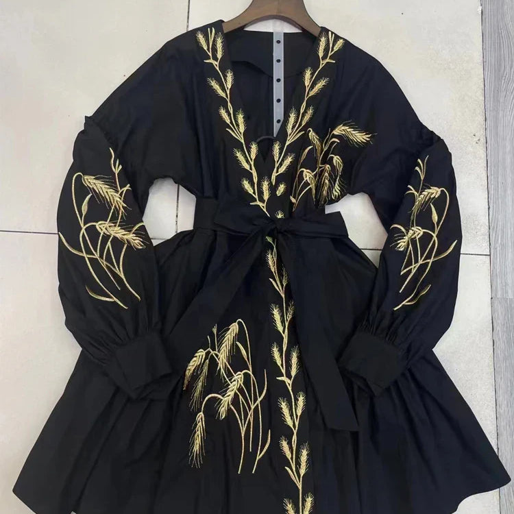 SEQINYY Casual Mini Dress Summer Spring New Fashion Design Women Runway Embroidery Flower Shirt Fabric Holiday black