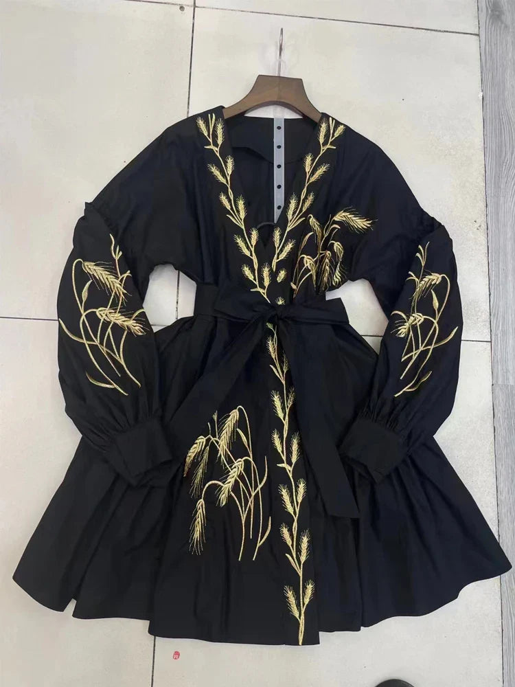 SEQINYY Casual Mini Dress Summer Spring New Fashion Design Women Runway Embroidery Flower Shirt Fabric Holiday black
