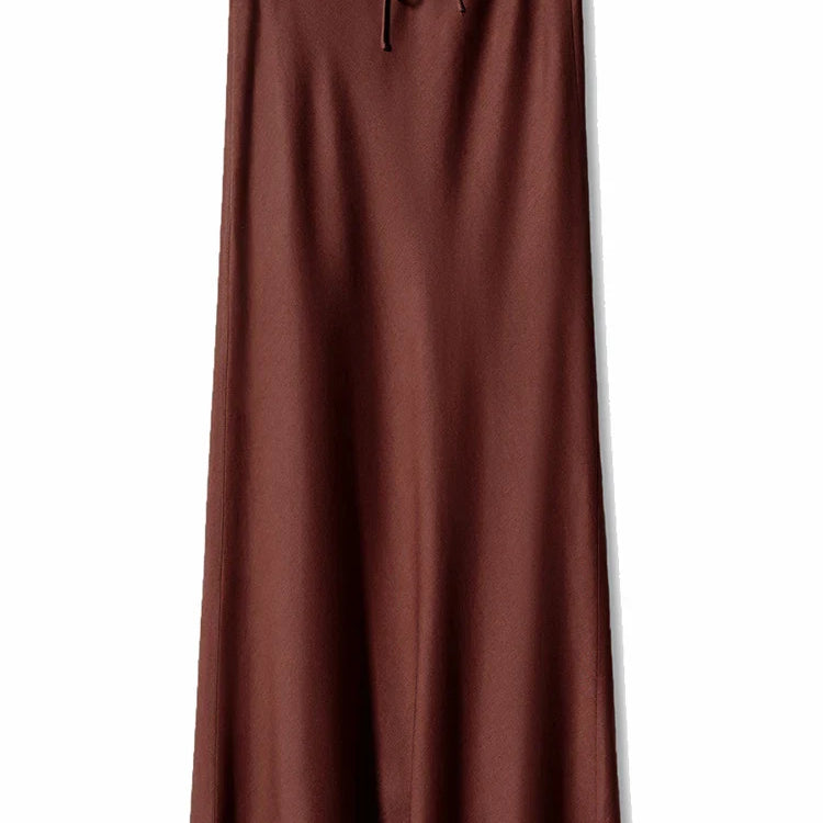 Streamgirl A Line Long Satin Skirts For Women Black Elegant High Waist Maxi Beige Skirts Silk Lace Up Long Skirt Women Chocolate