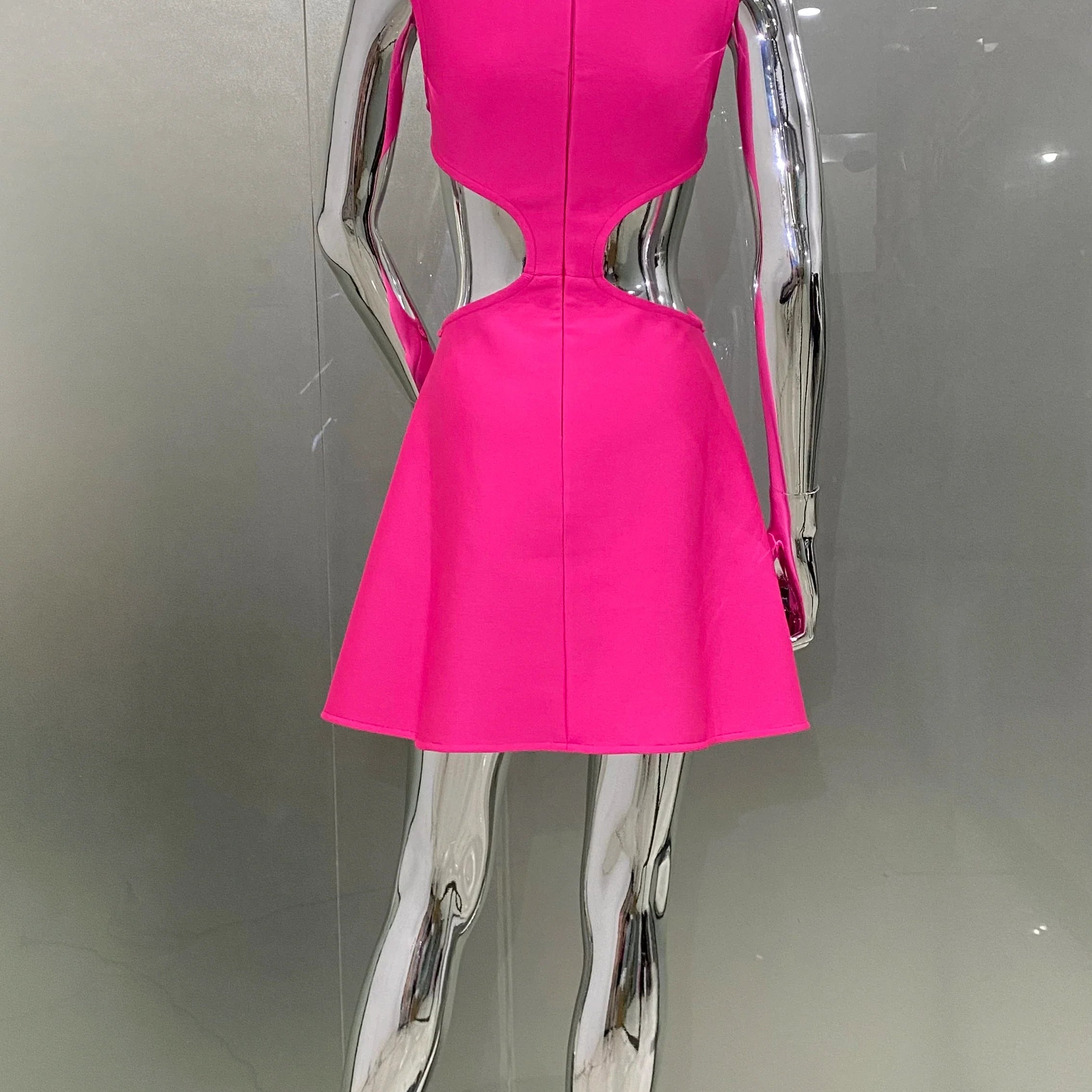 Rosered Color Women Sleeveless Sexy Waist Hollow Out Florals A-Line Bandage Mini Dress Fashion Birthday Cocktail Party Dress