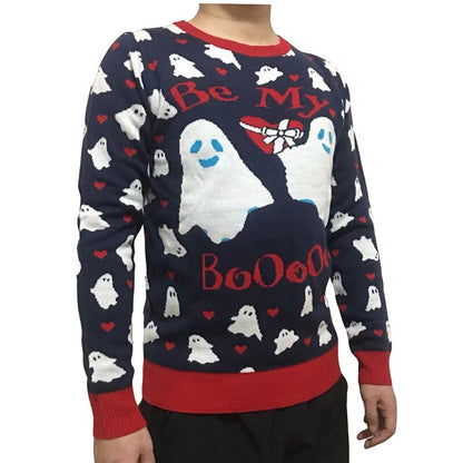 Pull d'Halloween unisexe en tricot mignon, motif Be My Boo Ghost, col rond, bleu marine, drôle pour hommes et femmes 