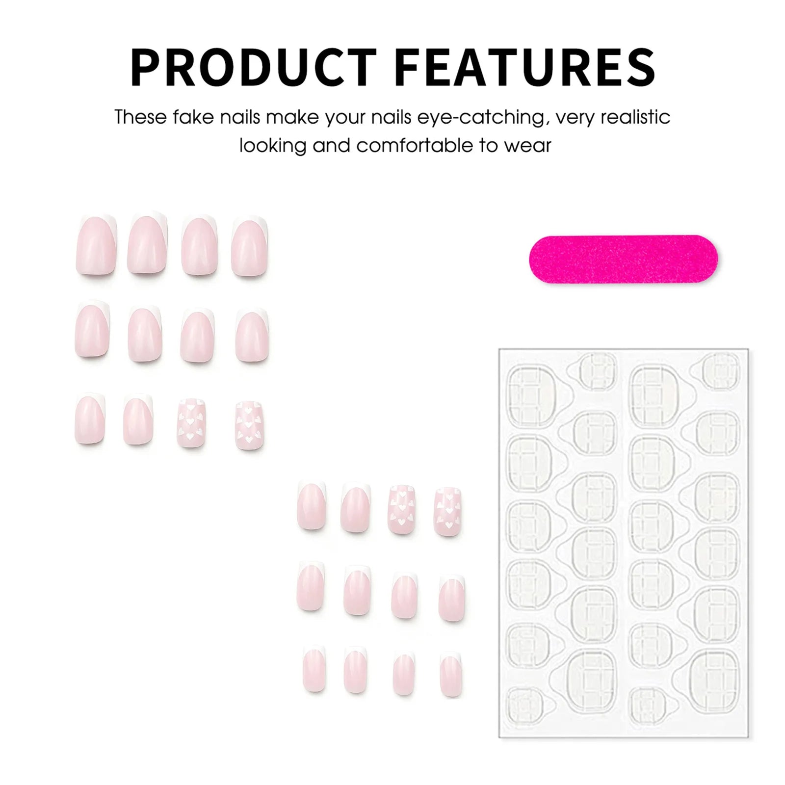 Minimalist Nude Color Fake Nails 24Pcs White French Press On Nail Love Heart Printed Women Valentine's Day/Dating Charm Manicure