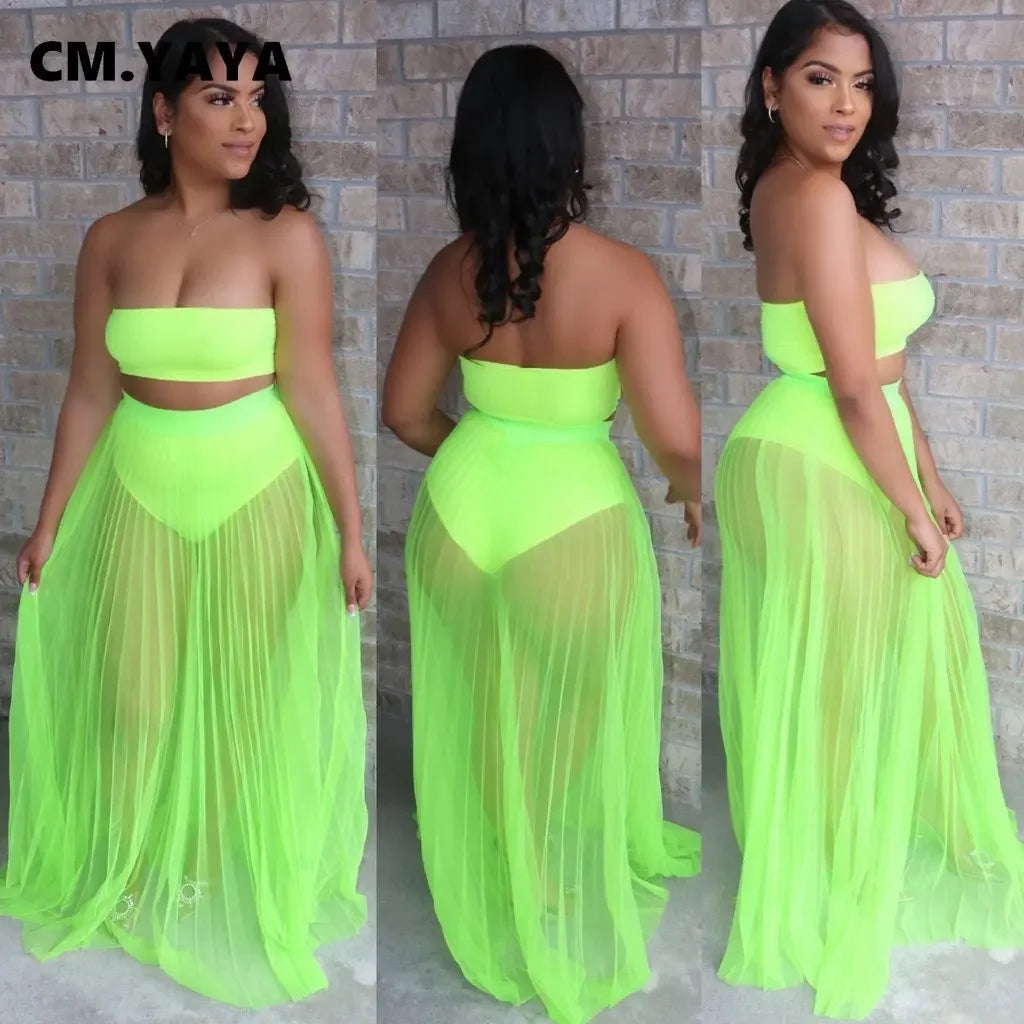 Women Mesh See Though Two Piece Set Sexy Beach Strapless Tops and Pleated Maxi Skirts Matching Set Summer Outfits