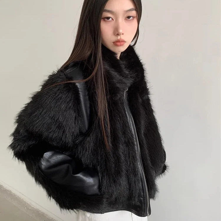 Autumn Winter Cool Short Black Soft Thickened Warm Hairy Shaggy Patchwork Faux Fox Fur Coat Women Fluffy Jacket 2023 Black