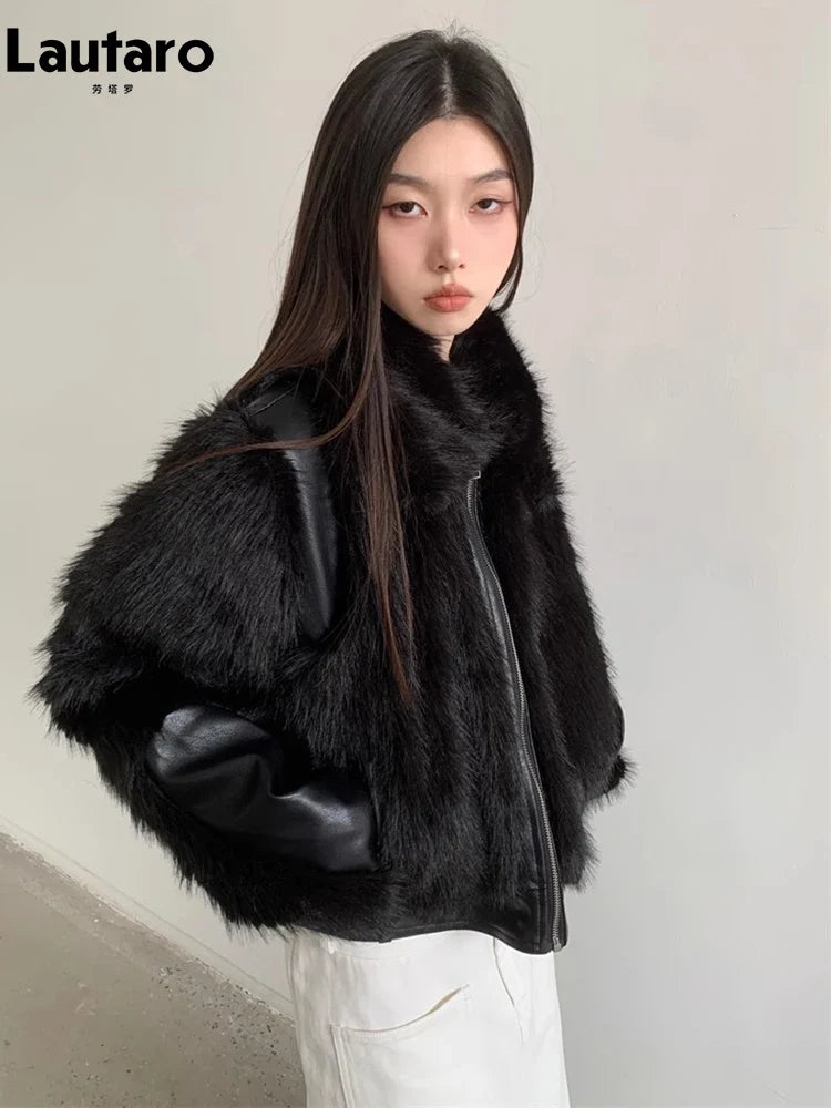 Autumn Winter Cool Short Black Soft Thickened Warm Hairy Shaggy Patchwork Faux Fox Fur Coat Women Fluffy Jacket 2023 Black
