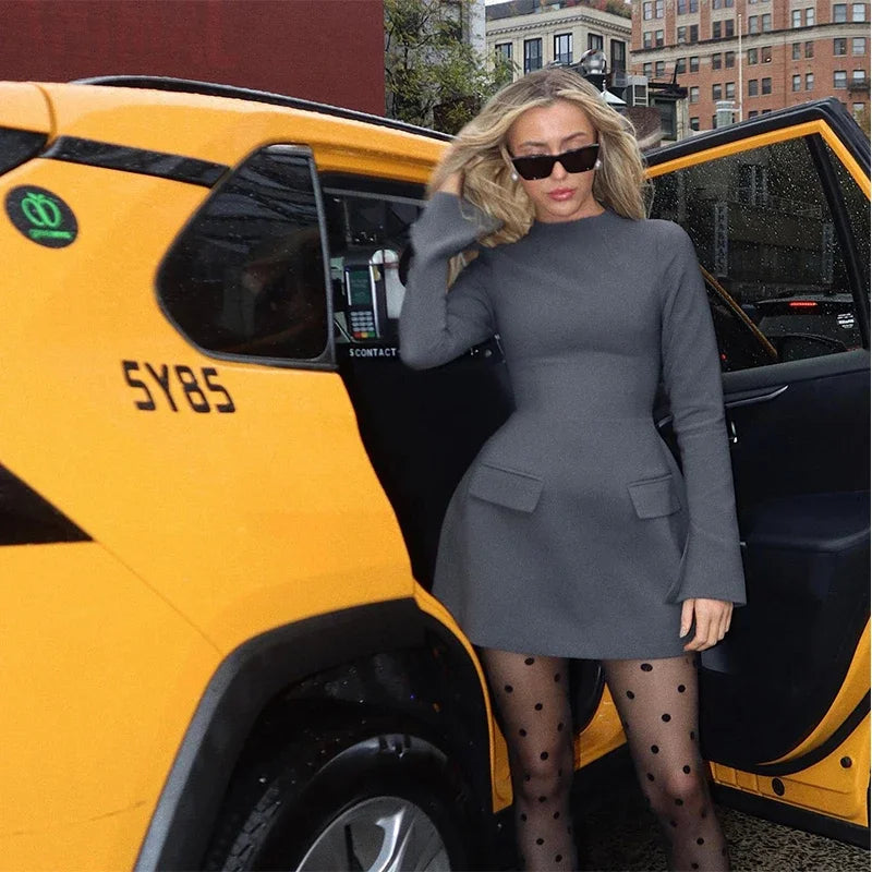 Elegant Long Sleeve Half Turtleneck Dress Women Sexy Autumn Spring Hip Package Skirts for Female Newest Slim Party Dresses Dark Grey