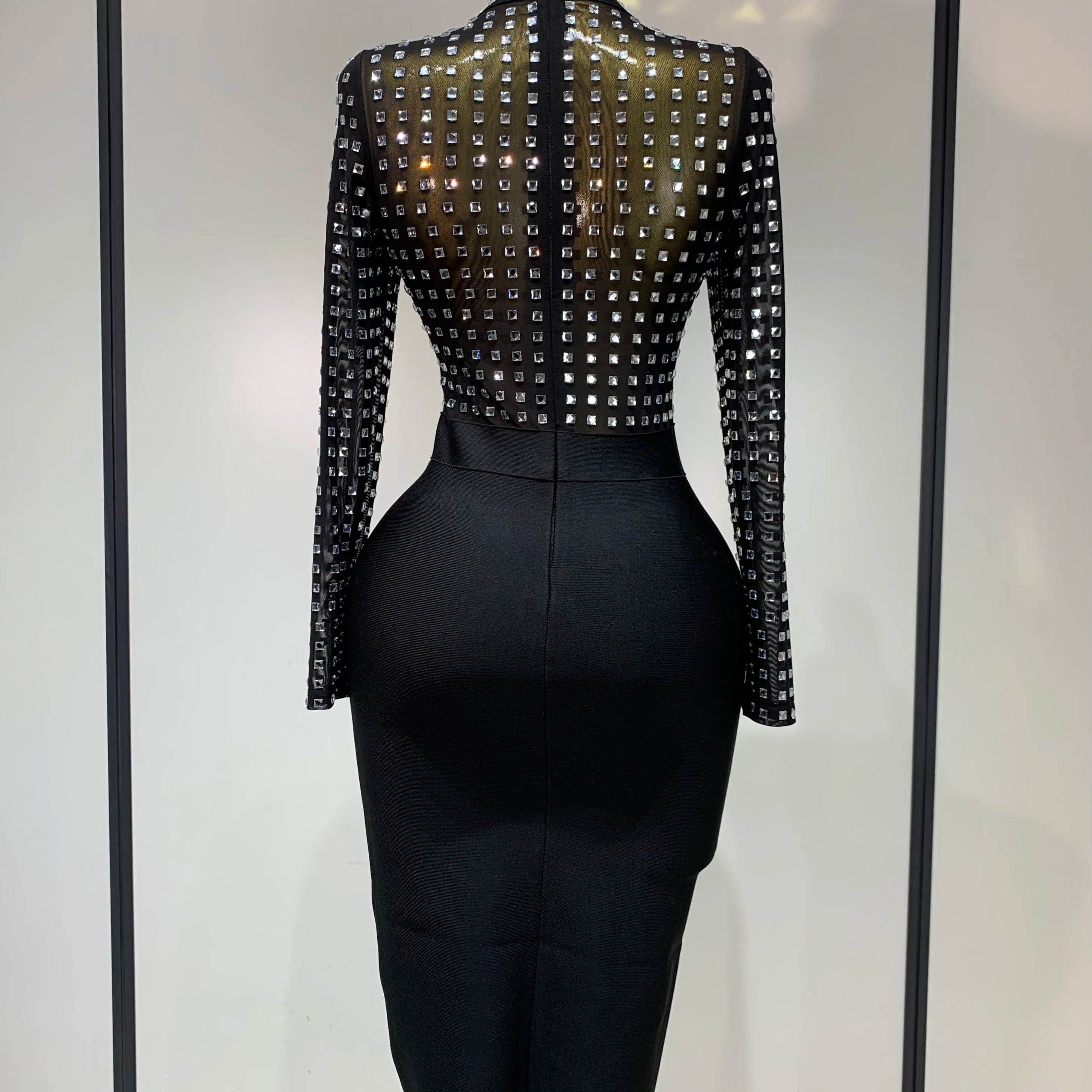 Celebrity Sexy Turtleneck Rhinestones Black Mesh Bodycon Bandage Dress Women 2025 Elegant Evening Club Luxury Birthday Dress