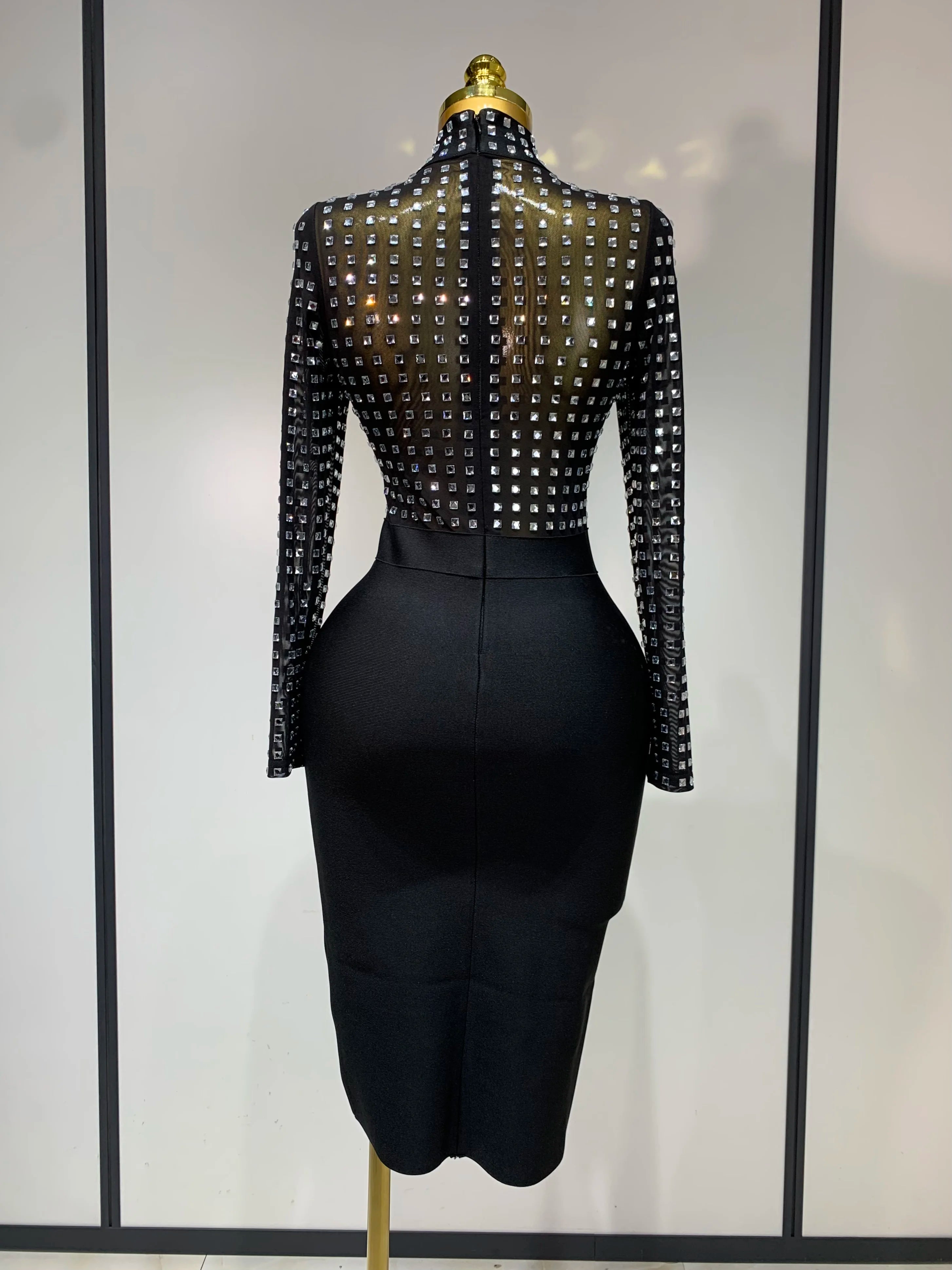 Celebrity Sexy Turtleneck Rhinestones Black Mesh Bodycon Bandage Dress Women 2025 Elegant Evening Club Luxury Birthday Dress