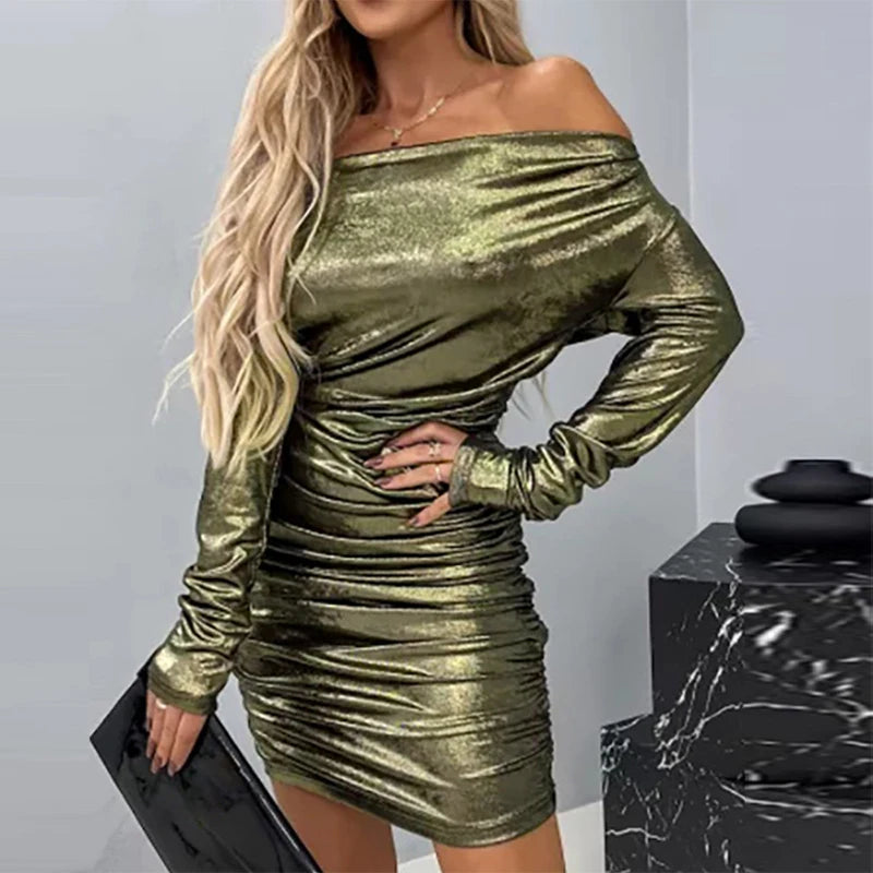 Women's Long Sleeve Bronzing Bodycon Dress Sexy Slash Neck Solid Color Pleated Party Dress Fashion Club Slim Mini Dress Vestidos 01 Golden