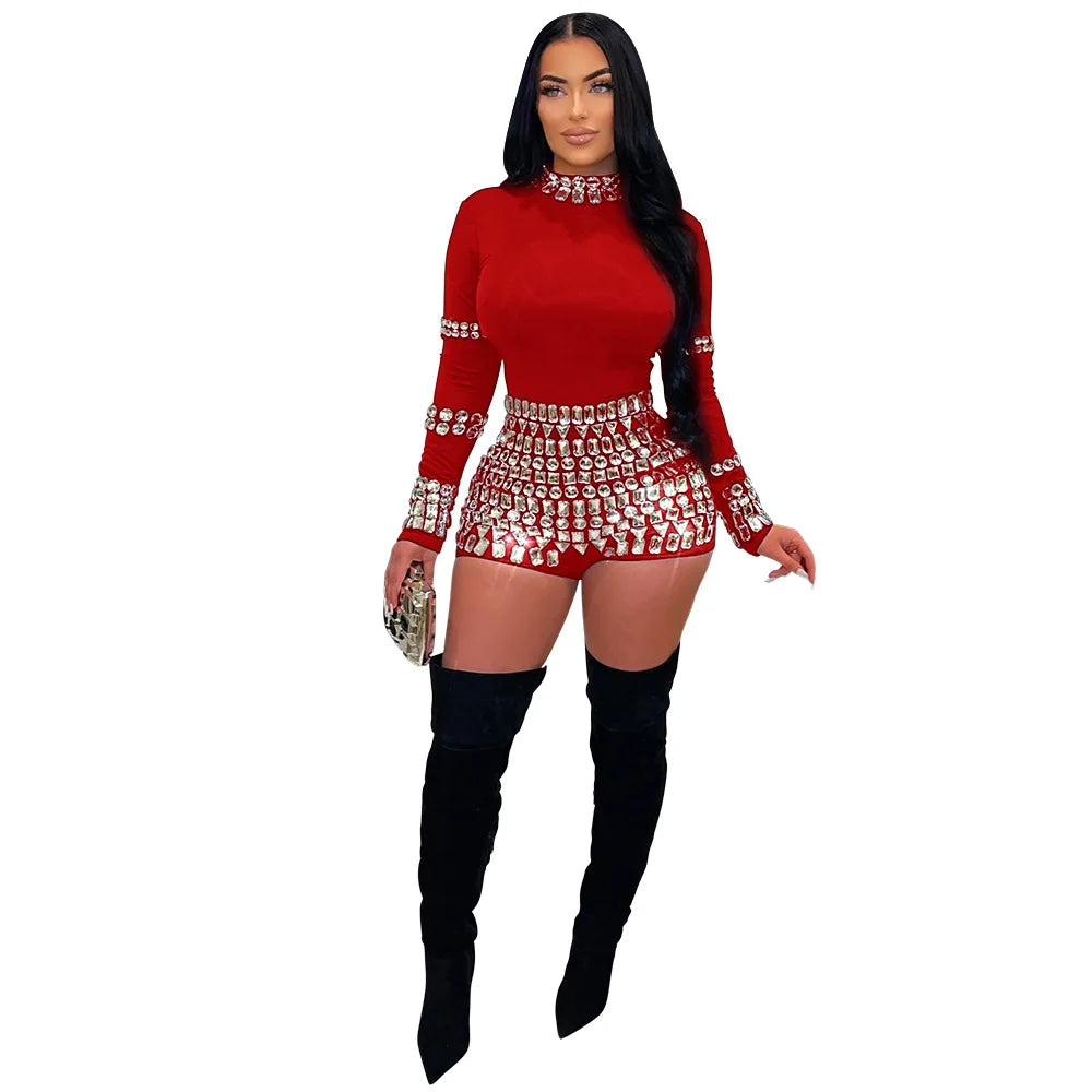 Women Diamonds Hot Rhinestones Long Sleeve Short Jumpsuits 2024 Summer Sexy Party Club One Piece Suit Rompers Playsuits Red