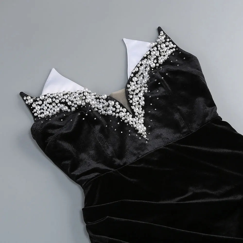 2025 Women's Light Luxury Nail Bead Design Velvet Dress+Neck+Glove Design Strapless Sleeveless Bodycon Split Body Long Dresses