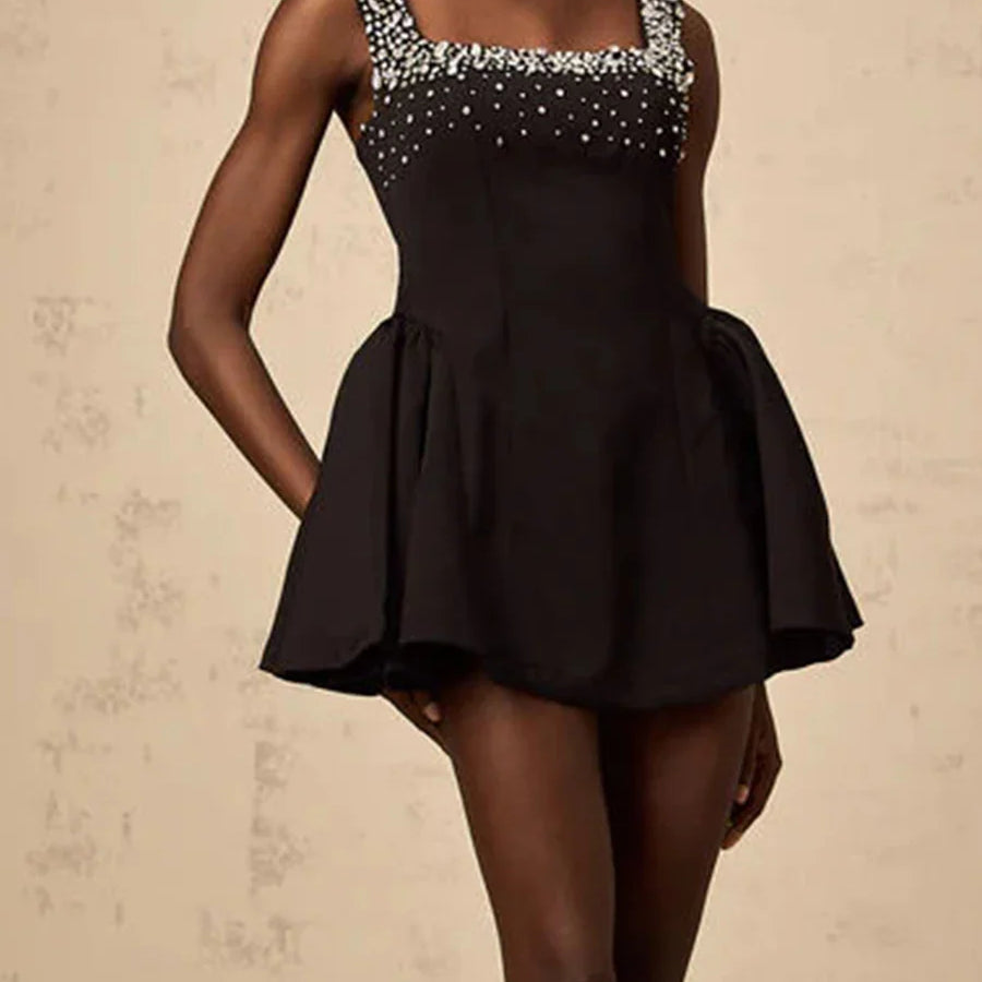 Solid Slimming Fashion Dresses for Women Square Neck Sleeveless Patchwork Diamonds Tunic Dress Female Clothing New BLACK