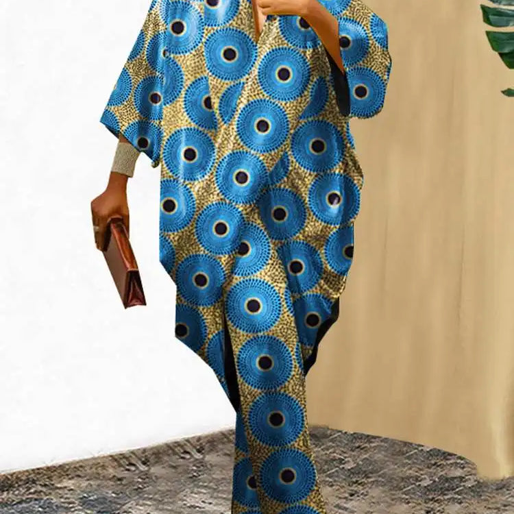 VONDA Plus Size Women Elegant Wide Leg Pants Pants Sets 2024 Vintage 3/4 Sleeve Elastic Waist Tops+Trousers Casual Pleated Suits Blue