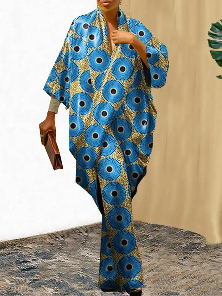 VONDA Plus Size Women Elegant Wide Leg Pants Pants Sets 2024 Vintage 3/4 Sleeve Elastic Waist Tops+Trousers Casual Pleated Suits Blue