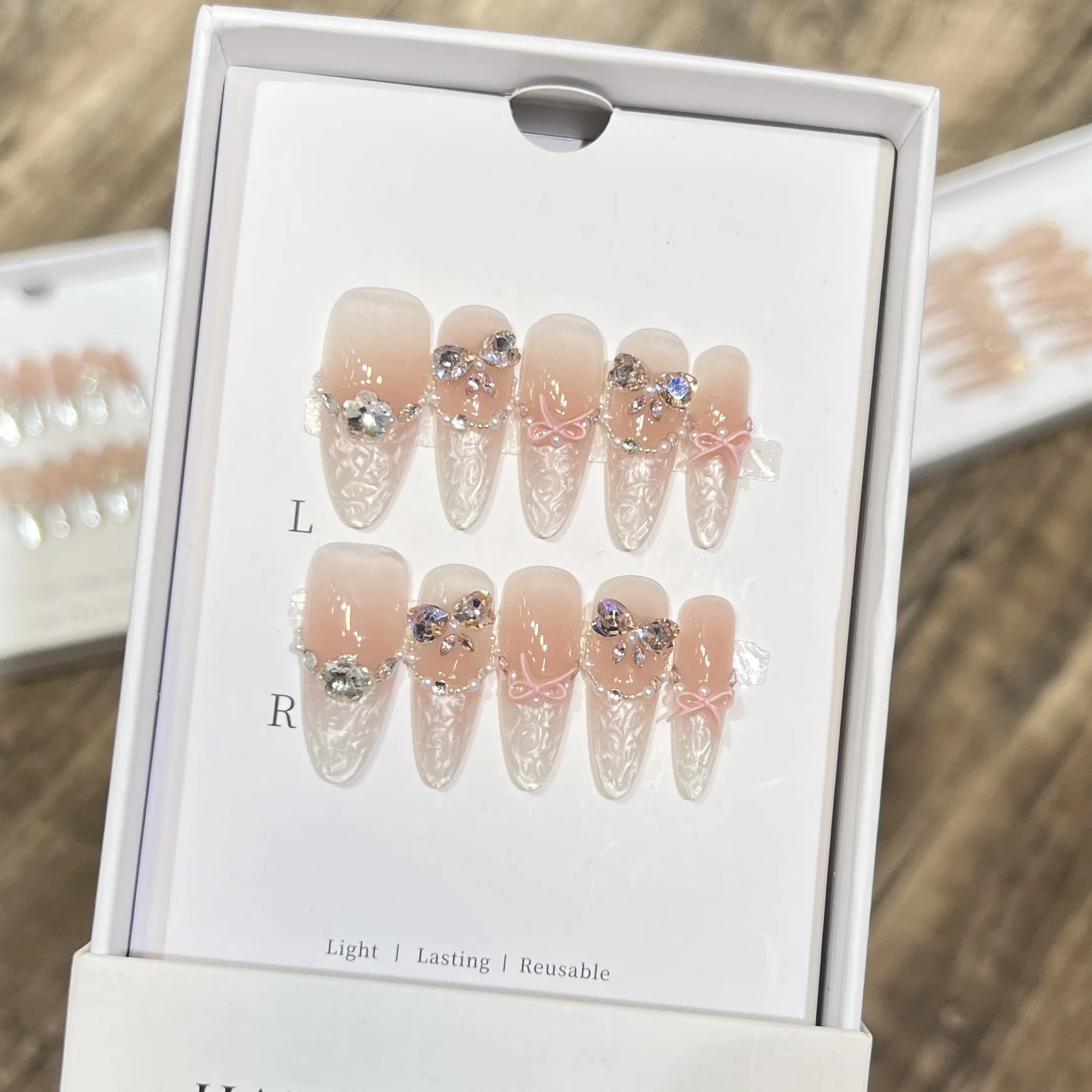 10Pcs Long Almond Oval Butterfly Diamond False Nails Full Cover Pink Bow Pearl Rhinestone Chain Decoration French Manicure Nails