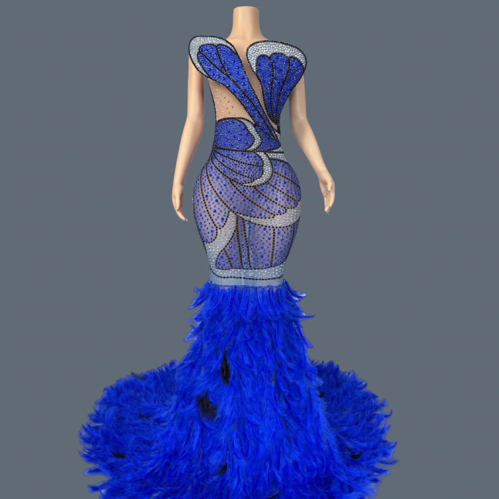 Luxury Women Feather Evening Dress Sparkly Sexy Prom Couture Rhinestone Birthday Party Ball Celebrate Photo Shoot Wear Mifeng Blue