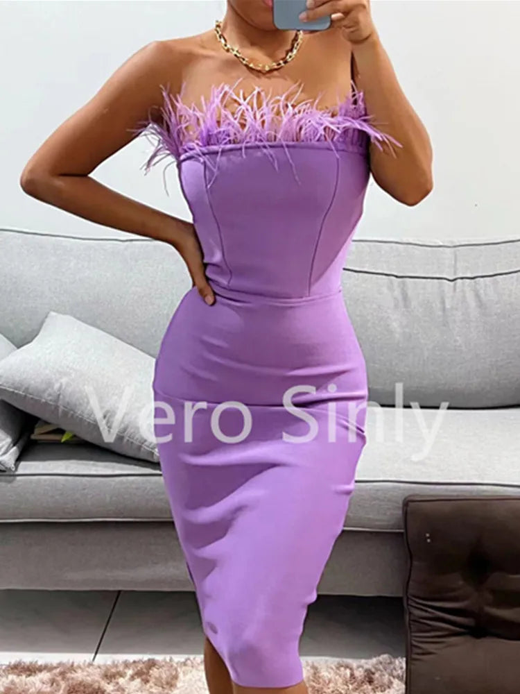 Summer Sexy Strapless Backless Feather Black Midi Women Bodycon Bandage Dress Designer Fashion Party Club Dress Vestido