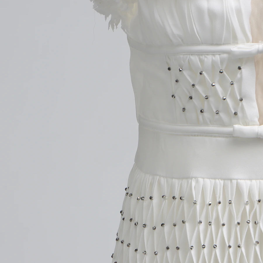 Solid Spliced Appliques Elegant Dresses for Women Deep V Neck Sleeveless Patchwork Folds Dress Female Fashion New