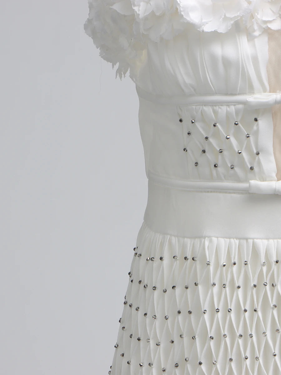 Solid Spliced Appliques Elegant Dresses for Women Deep V Neck Sleeveless Patchwork Folds Dress Female Fashion New