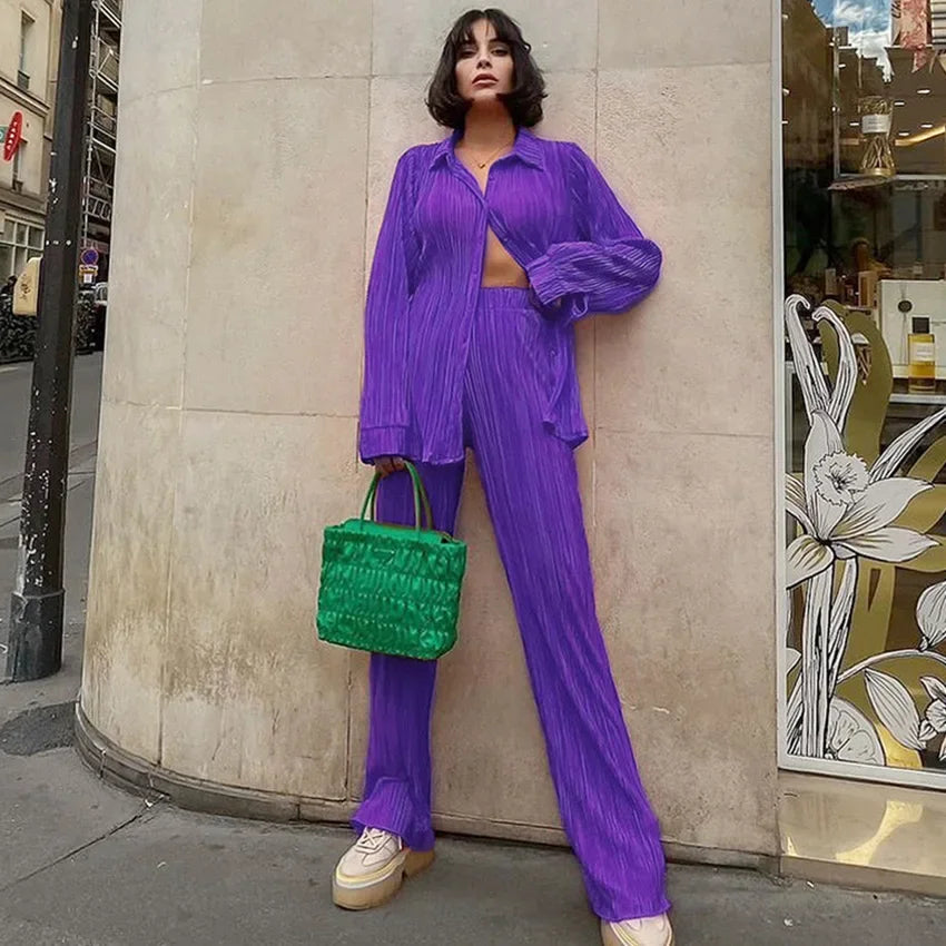 Pleated Solid Women Set Long Sleeve Shirts and Straight Wide Leg Pants Suits Tracksuit Two Piece Set Fitness Outfits Dark Purple