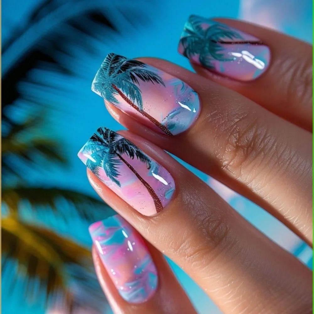 24Pcs Holiday Style Square Fake Nail Powder Blue Gradient with Coconut Tree Pattern Press on False Nail Wearable French Nail Tip 1