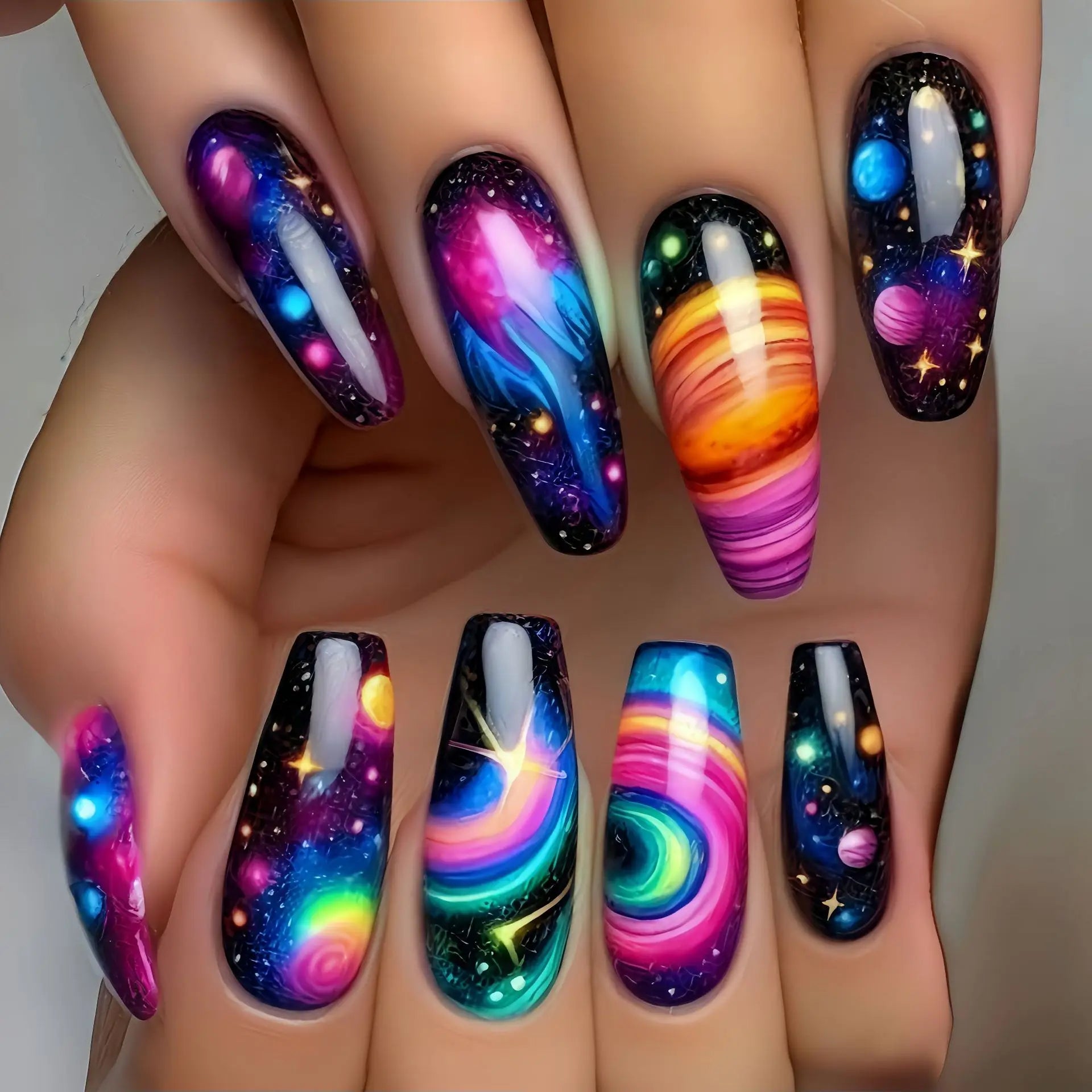 24pcs Romantic Sky Press on Nail Pink Purple Gradient Starry Sky False Nails Wearable European Square Head Fake Nails for Women 4