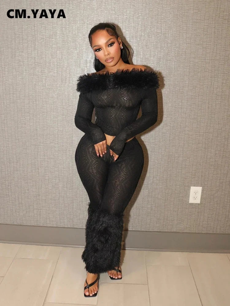 2025 Spring Women's Set Long Sleeve Fur Slash Neck T-shirt + Pants Sexy Streetwear Two 2 Piece Sets Outfits Tracksuit