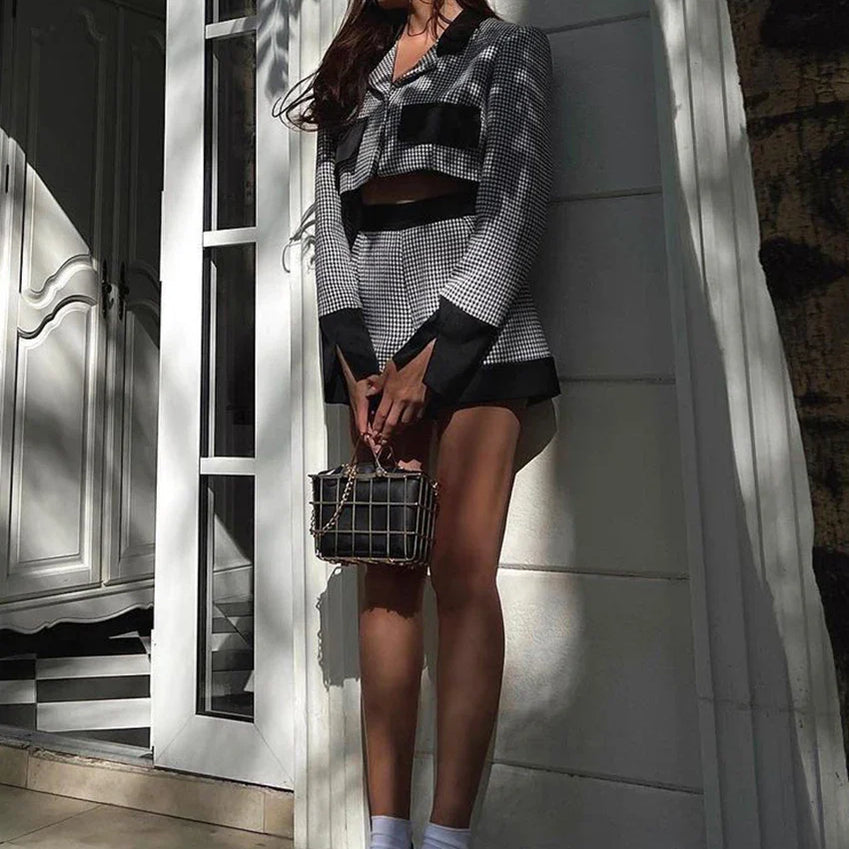 Clacive Fashion Slim Patchwork 2 Piece Sets Women Outfit 2023 Elegant Long Sleeve Crop Top With High Waist Shorts Set Streetwear