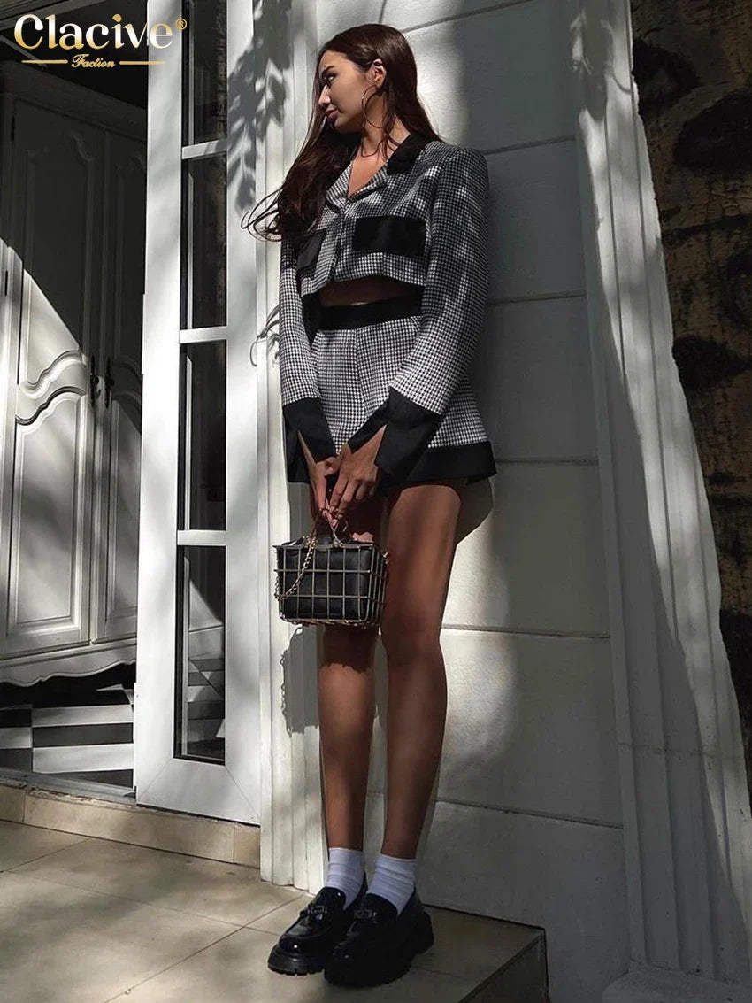 Clacive Fashion Slim Patchwork 2 Piece Sets Women Outfit 2023 Elegant Long Sleeve Crop Top With High Waist Shorts Set Streetwear