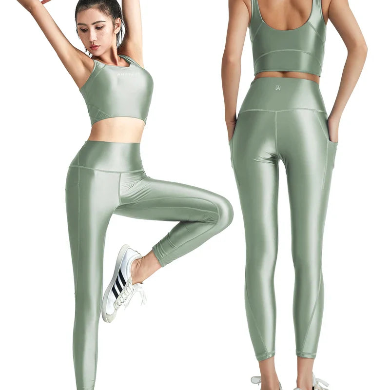 satin glossy Women's bathing suit vest Oil High Waist Pants Smooth Fitness Gloss Yoga Running Sweatwear gym set leggings