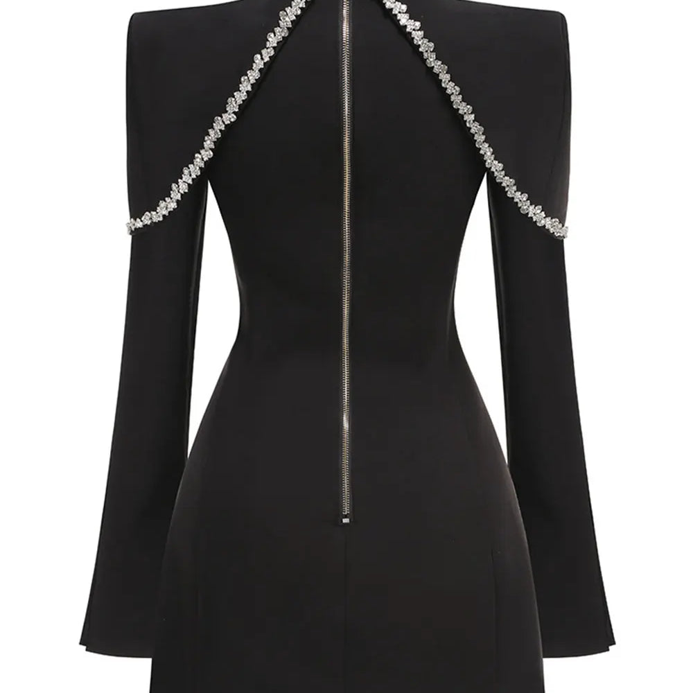 2025 Light Luxury Water Diamond Mini Dress Stand Collar Long Sleeve Bodycon Asymmetric Dress Cocktail Evening Club Party Vestido