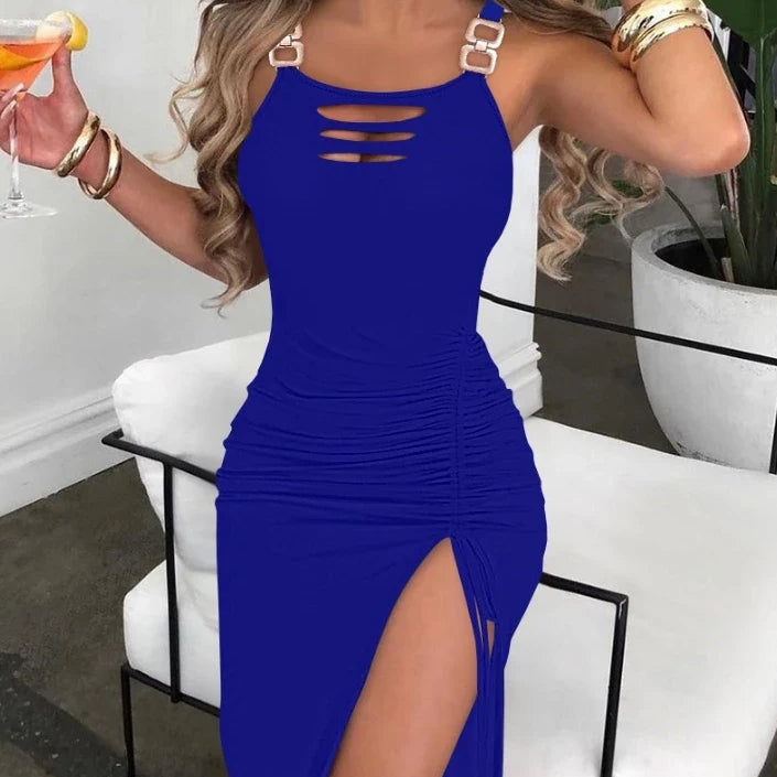 Sexy Women's Dress New Ladder Cutout Slit Buckled Bodycon Dress Solid Color Slim Fit Sleeveless Drawstring Pleated Dress D
