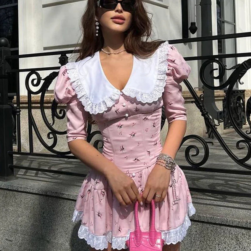 Clacive Summer Slim Print Women'S Dress Bodycon Doll Collar Short Sleeve Mini Dresses Elegant Lace Patchwork Female Dress