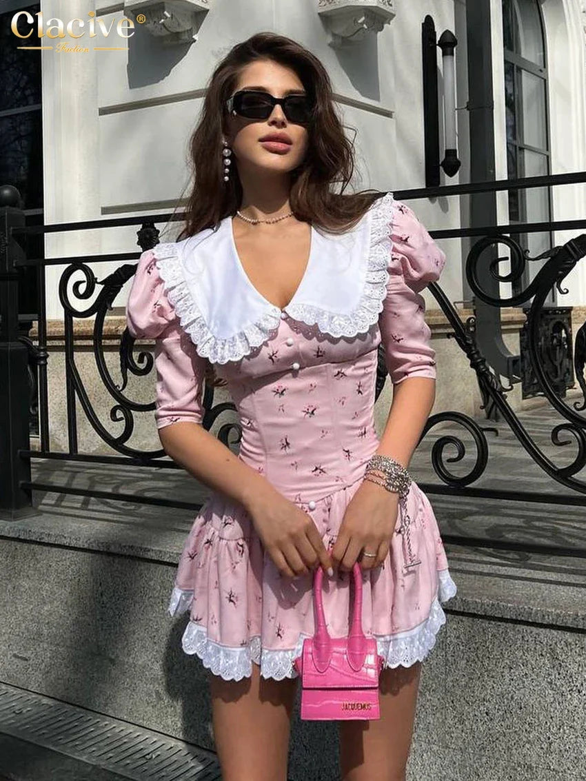 Clacive Summer Slim Print Women'S Dress Bodycon Doll Collar Short Sleeve Mini Dresses Elegant Lace Patchwork Female Dress