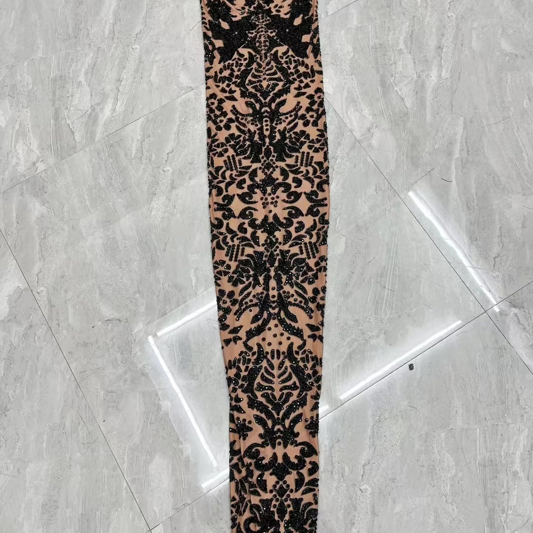 Women's Black Pattern Rhinestone Sparkly Ball Dress Birthday Luxury Dinners Sexy Maxi Dress Celebrate Party Evening Gown Heijiao