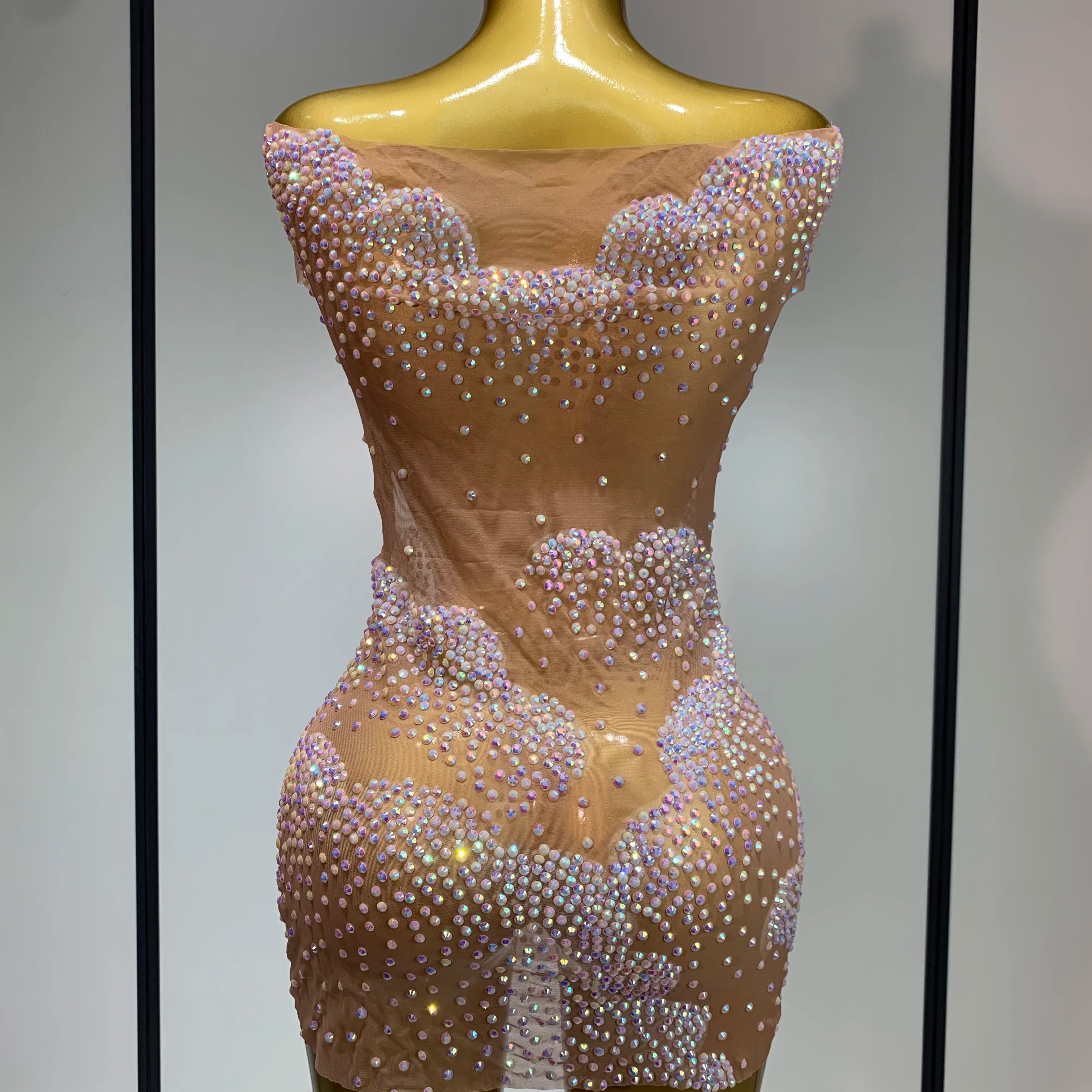 Women Sexy Mesh See Through Mini Dress Celebrate Birthday Evening Party Dress Luxury Rhinestones Stage Performance Costume