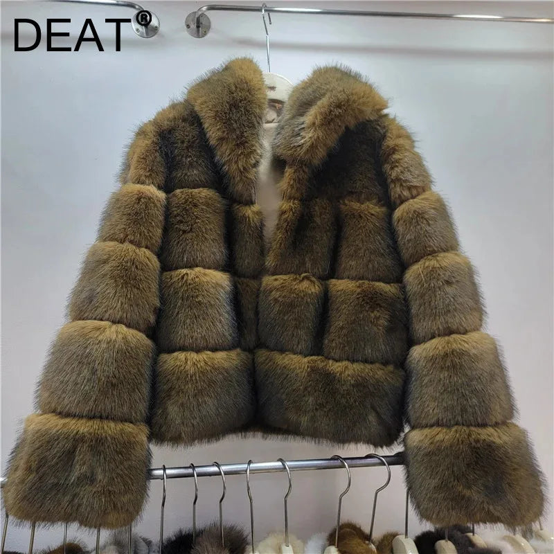 Winter New Fashion Hooded Short Faux Fur Coat For Women Loose Versatile Loose High Quality Overcoat Female 11A07878