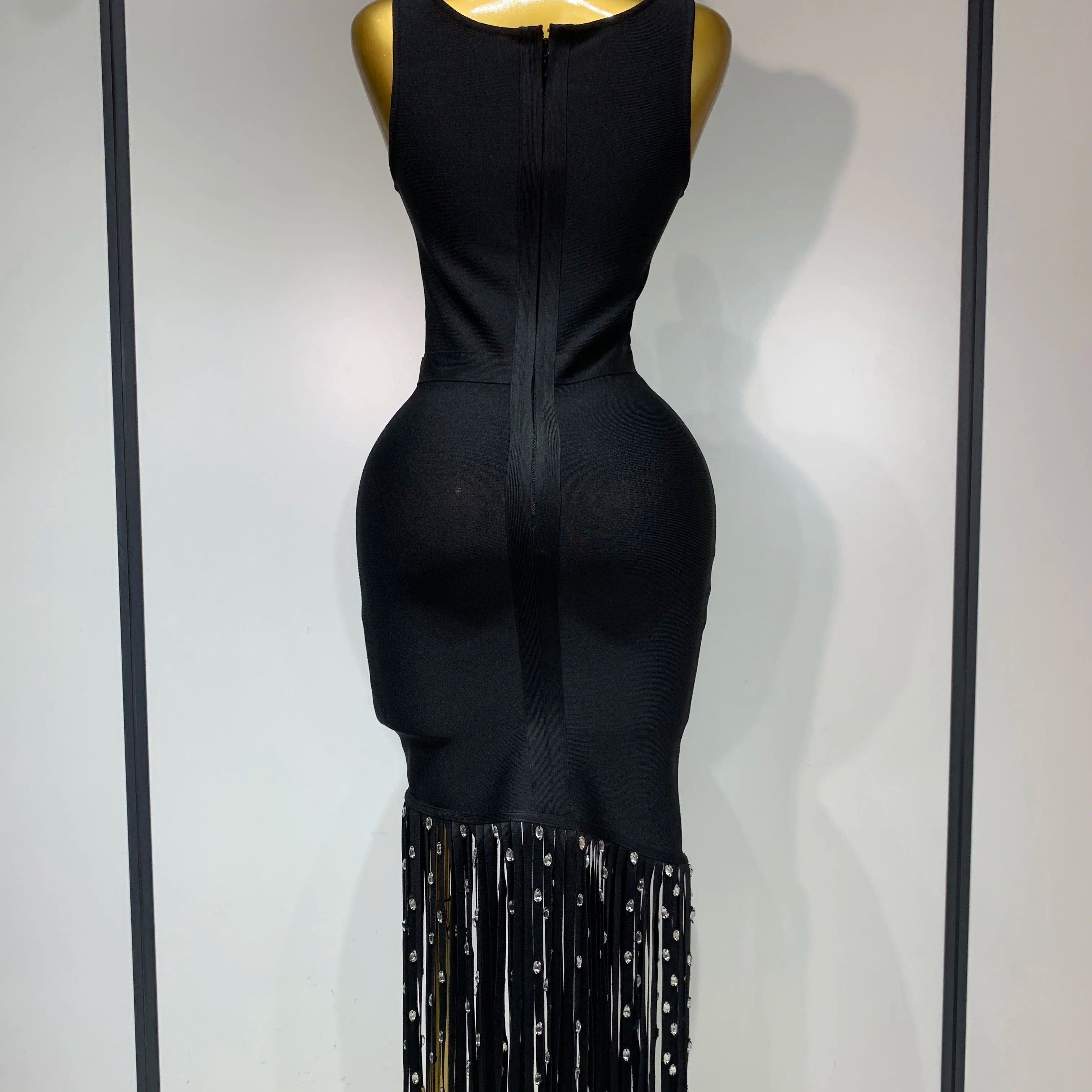 2025 New Fashion Crystal Tassel Temperament Suspender Bodycon Bandage Dress Sexy Midi Evening Party Birthday Dresses Vestidos