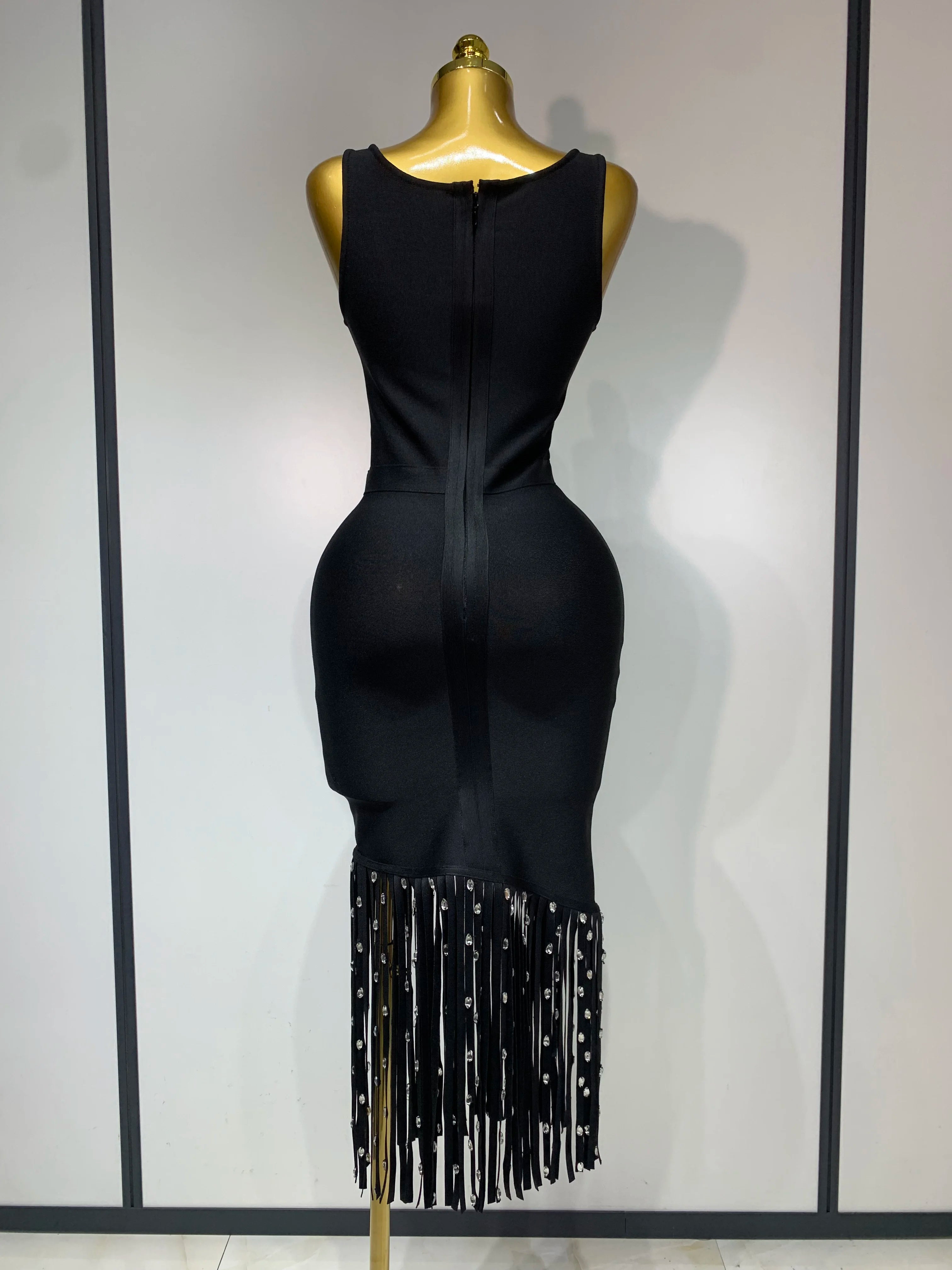 2025 New Fashion Crystal Tassel Temperament Suspender Bodycon Bandage Dress Sexy Midi Evening Party Birthday Dresses Vestidos