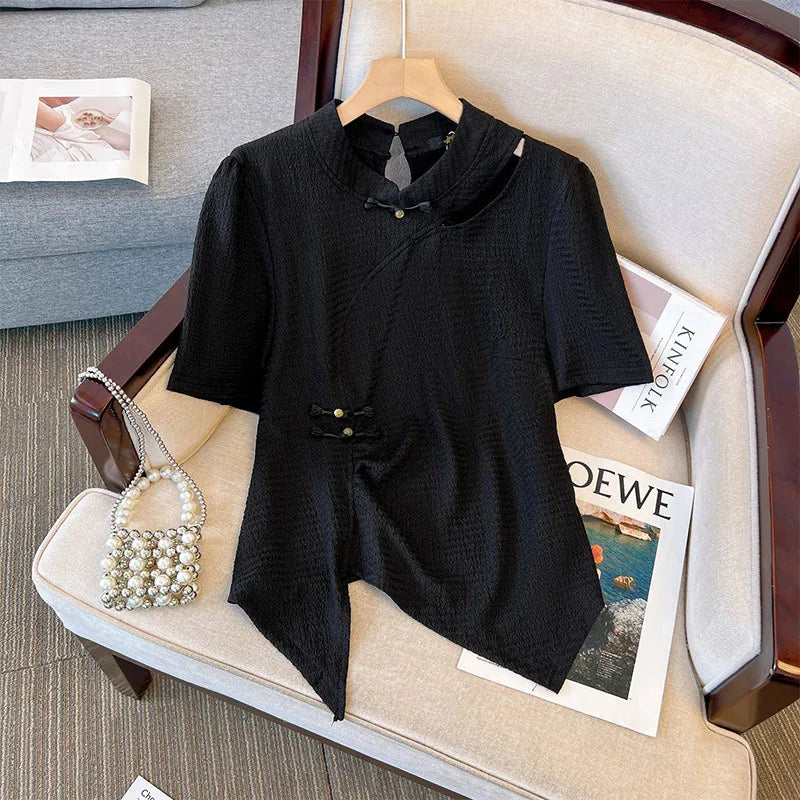 150Kg Plus Size Women's Bust 143 Summer Loose Short Sleeve Chinese Qipao Style Top Skirt Two Piece Set 2XL 3XL 4XL 5XL 6XL 7XL