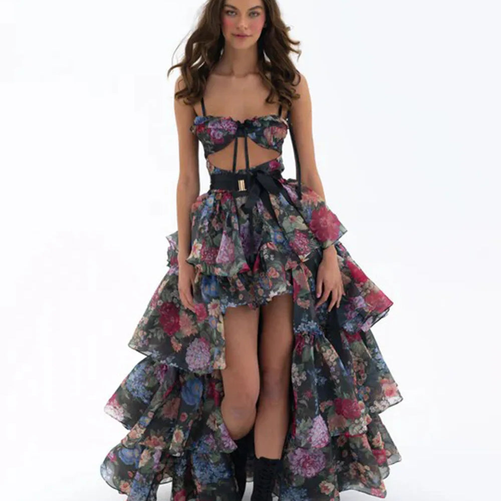 Women Sleeveless Sexy Strap Flowers Print Ruffles Loose Long Maxi Dress Evening Party Celebrate Birthday Vacation Outfit black