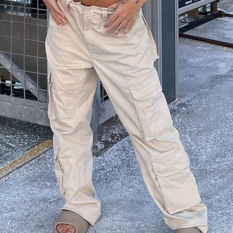 Vintage Cargo Pants Baggy Jeans Women Fashion 90s Streetwear Pockets Wide Leg High Waist Straight Y2k Denim Trousers Overalls White